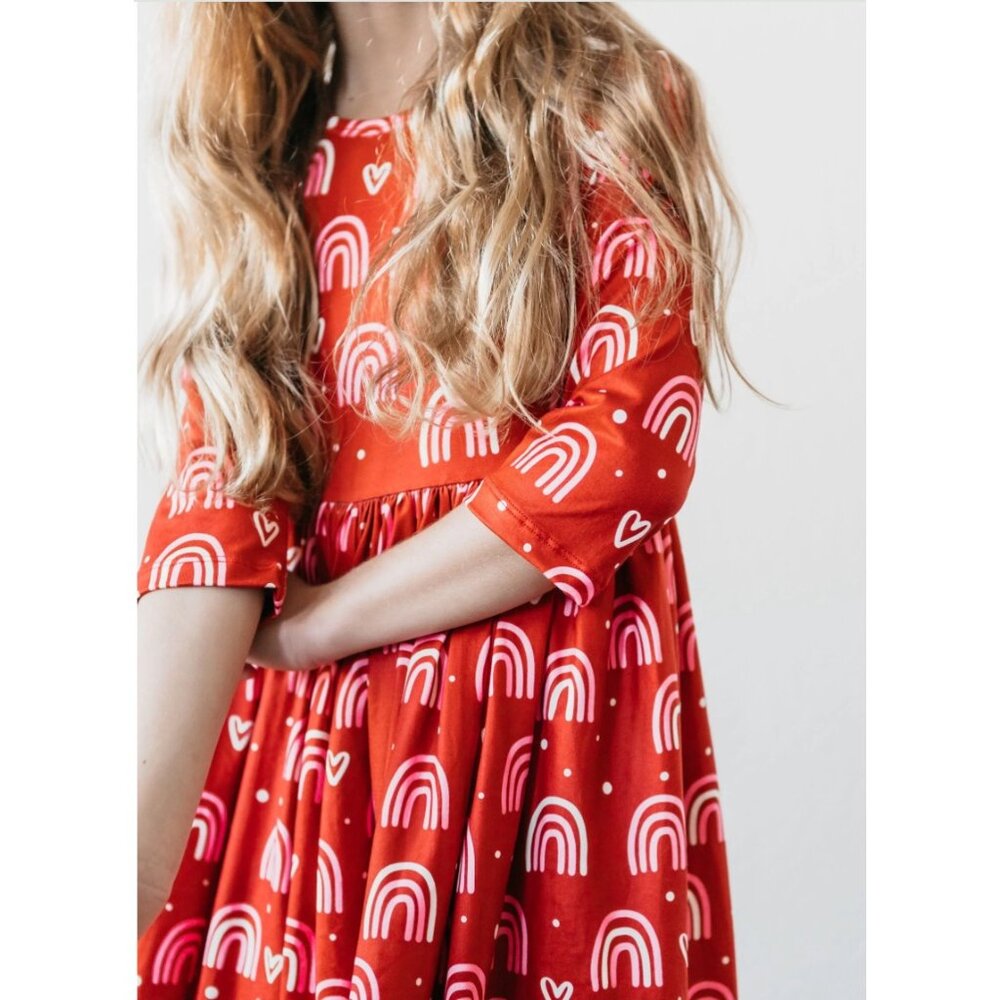 NWT Mila & Rose Kids Girls Size 3T Red 3/4 Sleeve Pleated Cloud 9 Twirl Dress